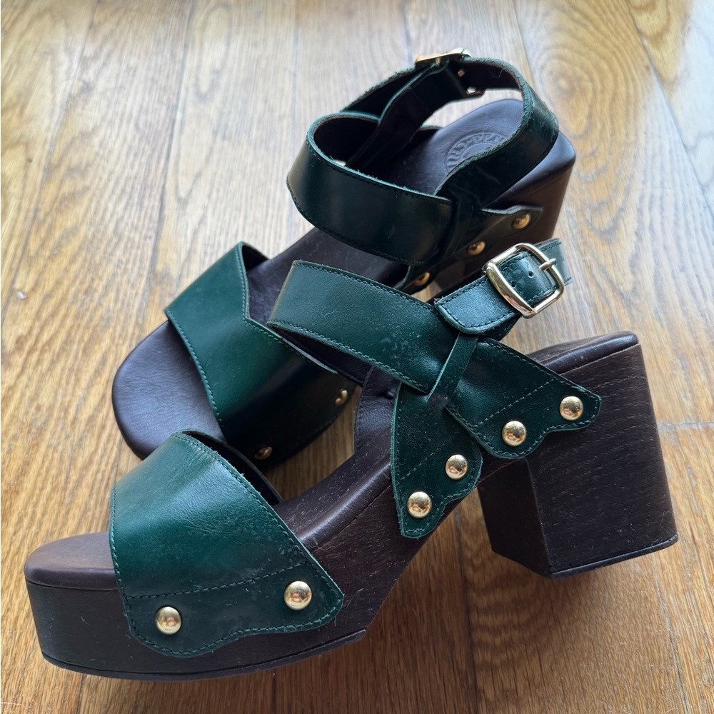 Penelope Chilvers Kampala Slingback Platforms, Dark Green & Wood, 39, Never worn